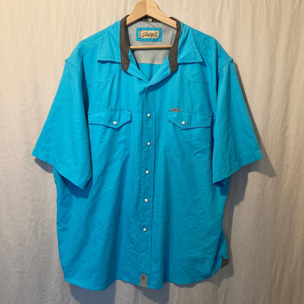 Rafter C Outdoors Mens XL Western Fishing Shirt Turquoise Pearl Snap Short Slv
